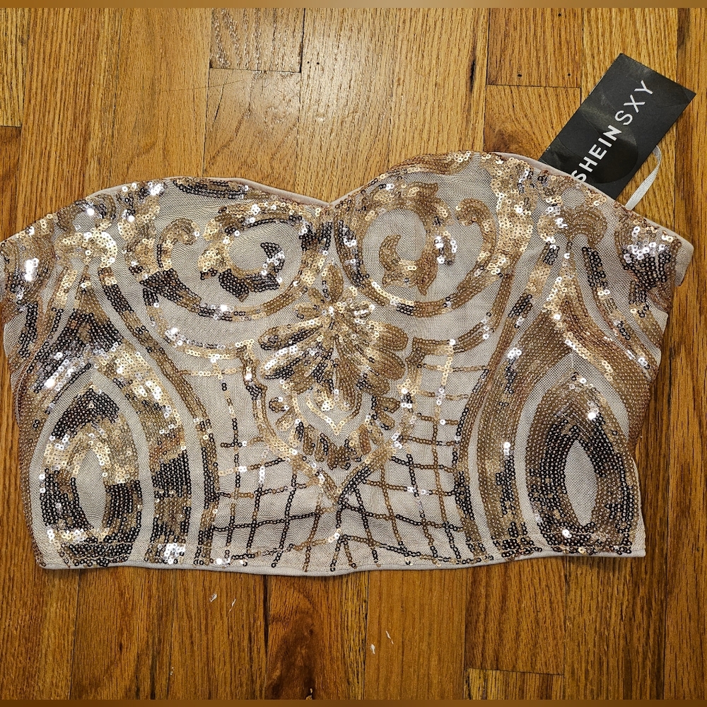 SHEIN Gold and Silver Sequin Strapless Top